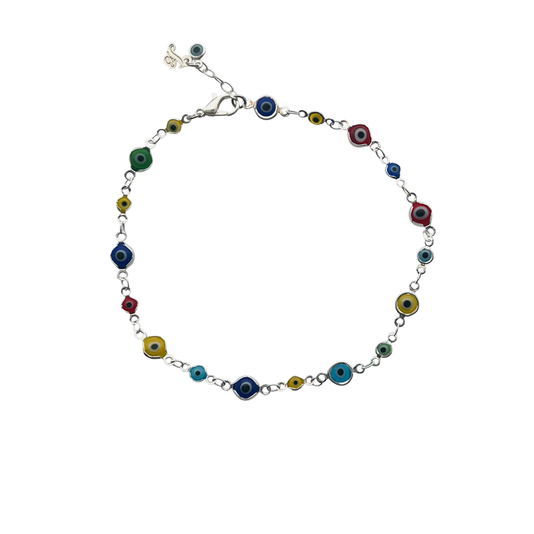 SA002(SP) Silver Plated Multi color evil eye Ankle Bracelet