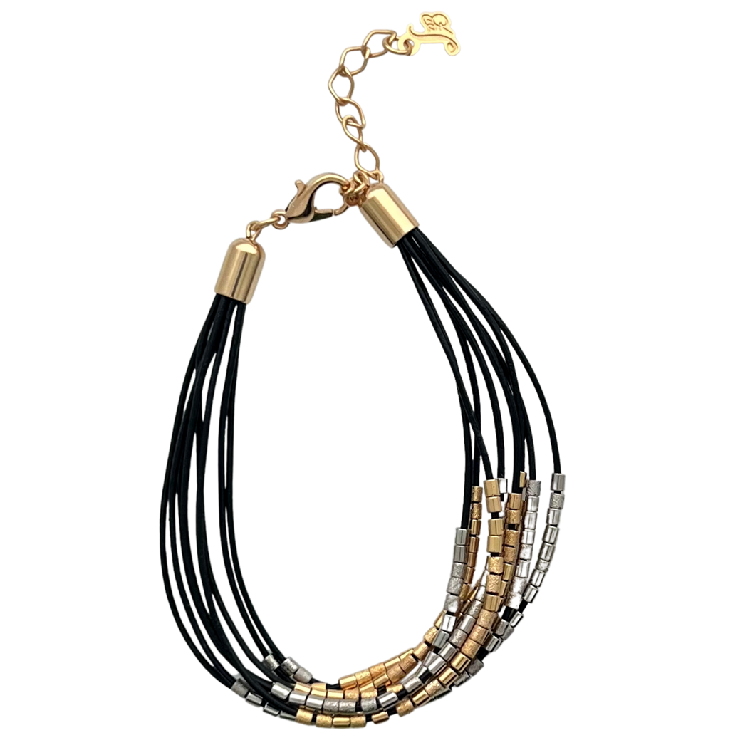 SB250C Silver and Gold plated Black Leather Bracelet