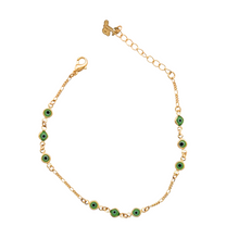 Load image into Gallery viewer, SB285GRE 18K Gold Plated Bracelet with tiny green evil eyes