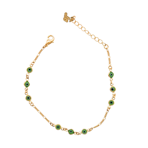 SB285GRE 18K Gold Plated Bracelet with tiny green evil eyes