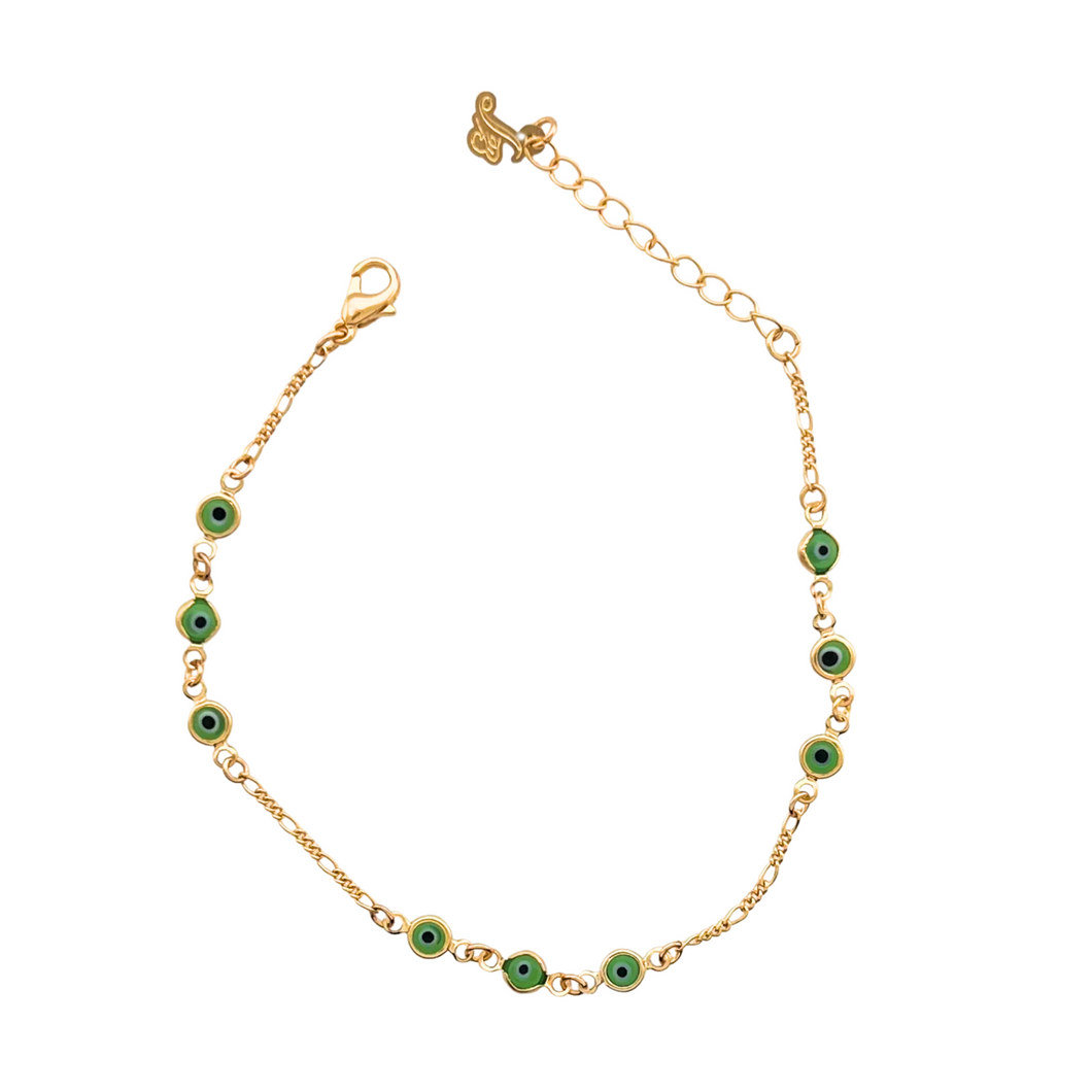 SB285GRE 18K Gold Plated Bracelet with tiny green evil eyes
