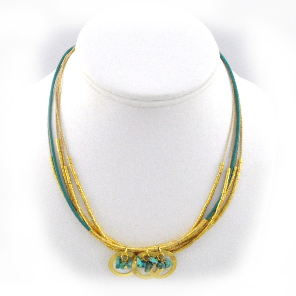 SN270TQ Natural strand and leather necklace with turquoise and mother of pearl stones