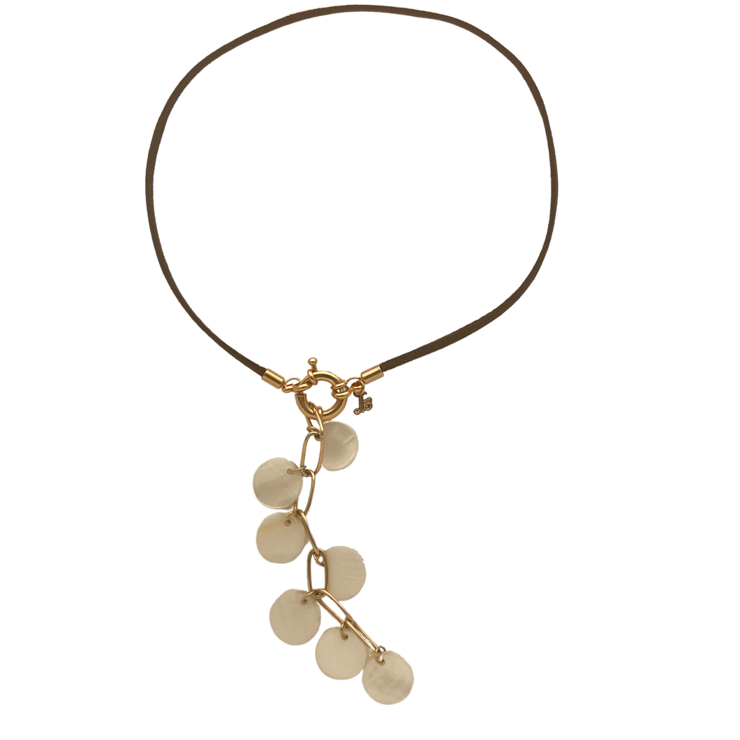 SN428MP Brown Leather choker with a Mother of Pearl Pendent