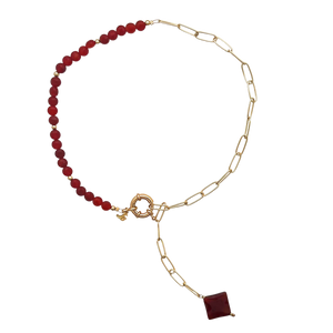 SN431 18K Gold Plated "paper clip" chain with Carnelian Stones