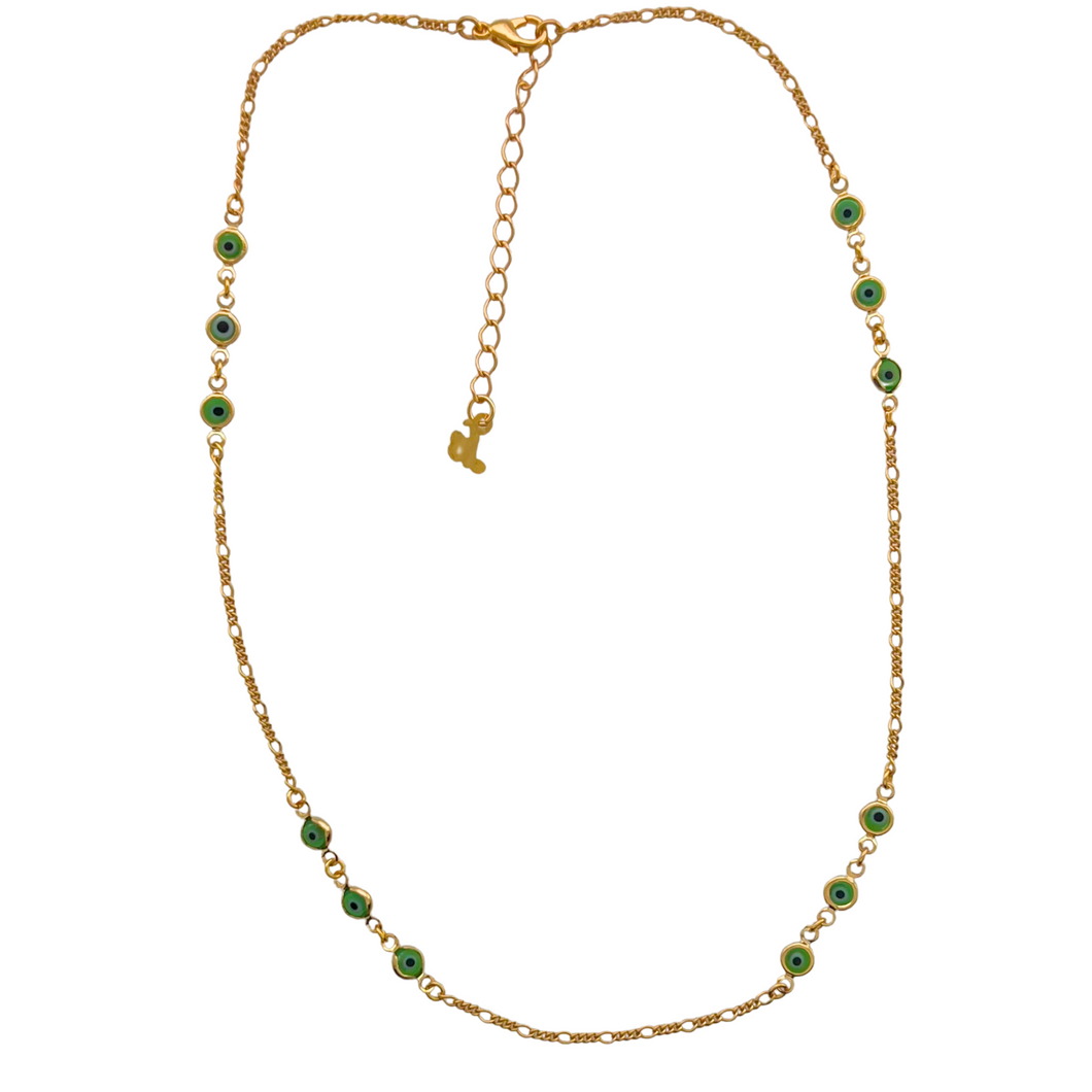 SN460GRE 18K Gold Plated Chain with tiny green evil eyes