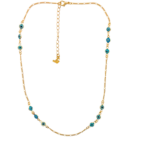 SN460TQ 18K Gold Plated Chain with tiny turquoise evil eyes