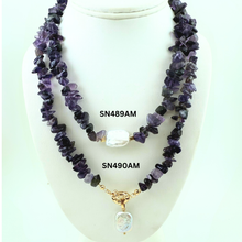 Load image into Gallery viewer, SN490AM Amethyst Necklace with a rectangle freshwater Pearl