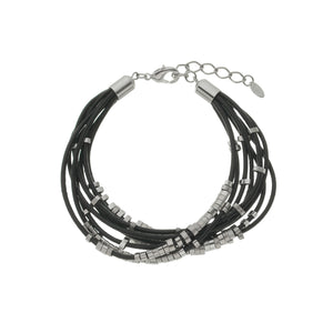 SB106RB Black Leather Bracelet with silver Bands
