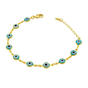 SB165BLU 18k Gold Plated Bracelet with Blue Evil Eyes