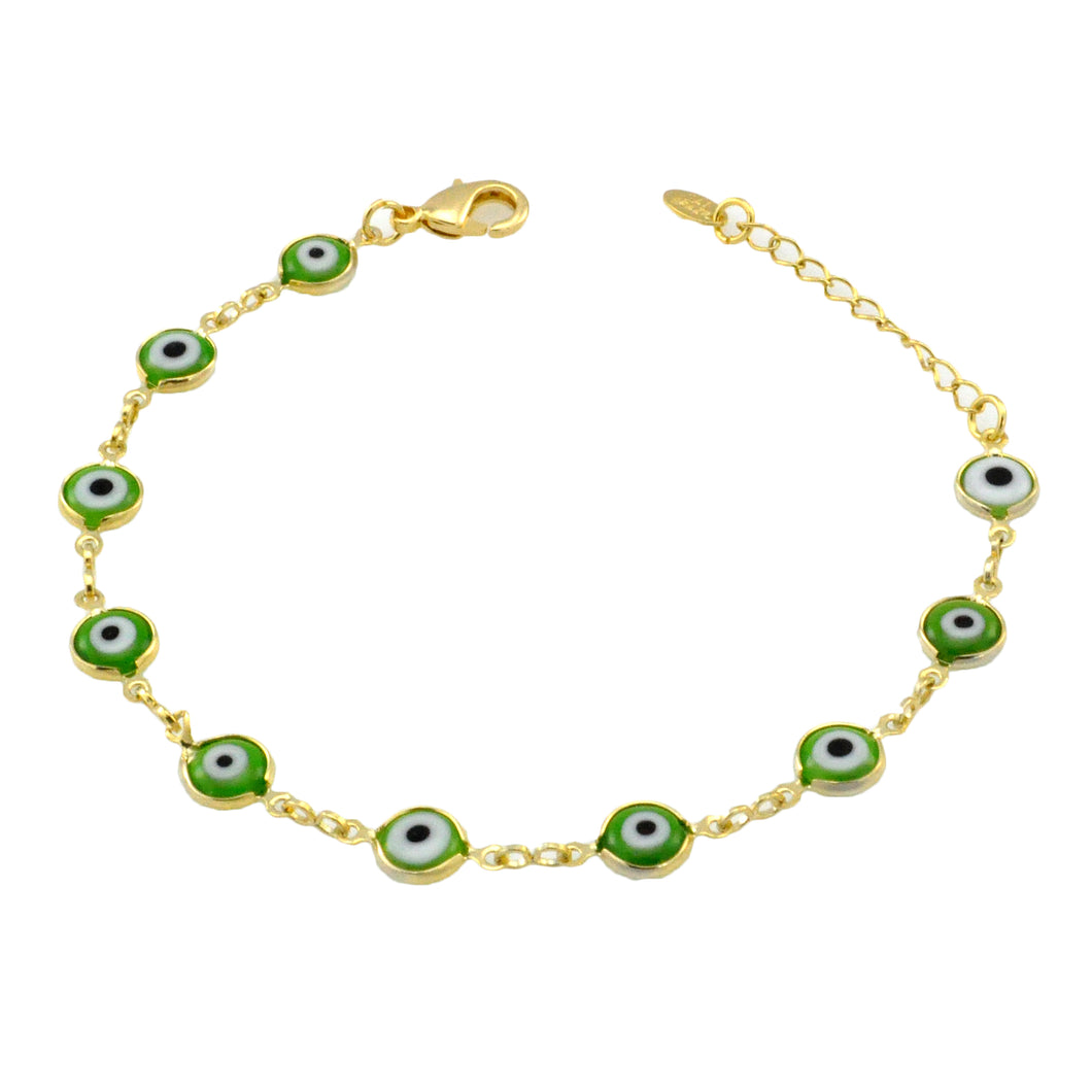 SB165GRE 18k Gold Plated Bracelet with Green Evil Eyes