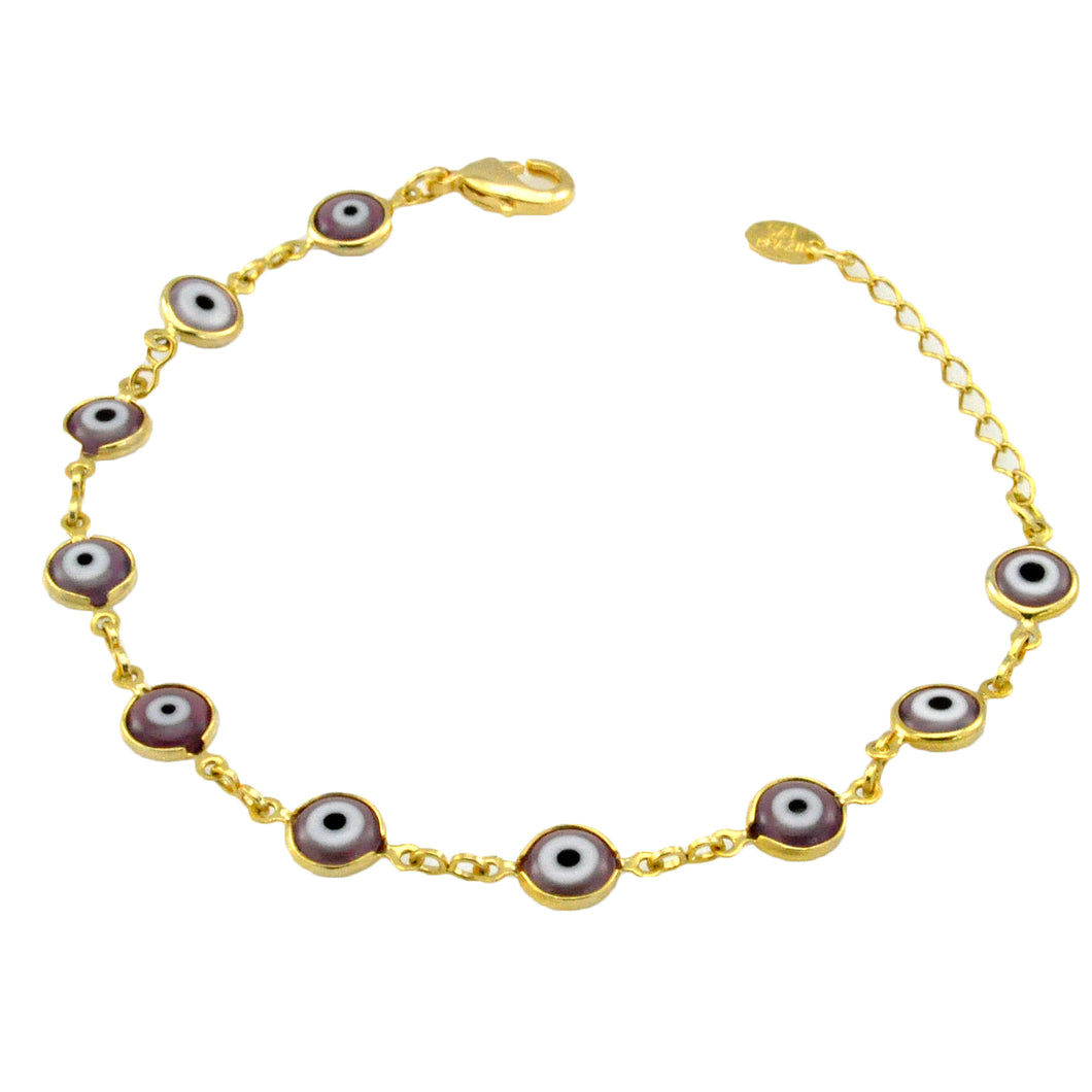 SB165PUR 18k Gold Plated Bracelet with Purple Evil Eyes