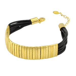SB174B 18k Gold Plated Bracelet with Black Leather