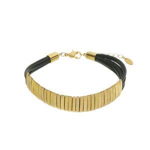 SB174B 18k Gold Plated Bracelet with Black Leather