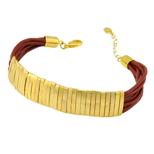 SB174E 18k Gold Plated Bracelet with Red Leather