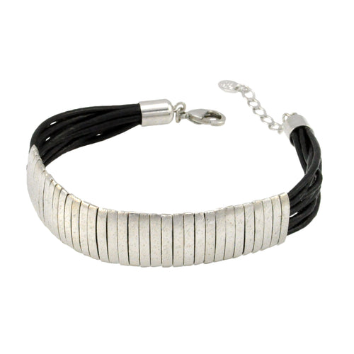 SB174RB Black Leather Bracelet with Silver Bands