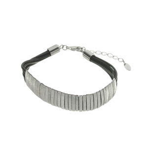 SB174RB Black Leather Bracelet with Silver Bands