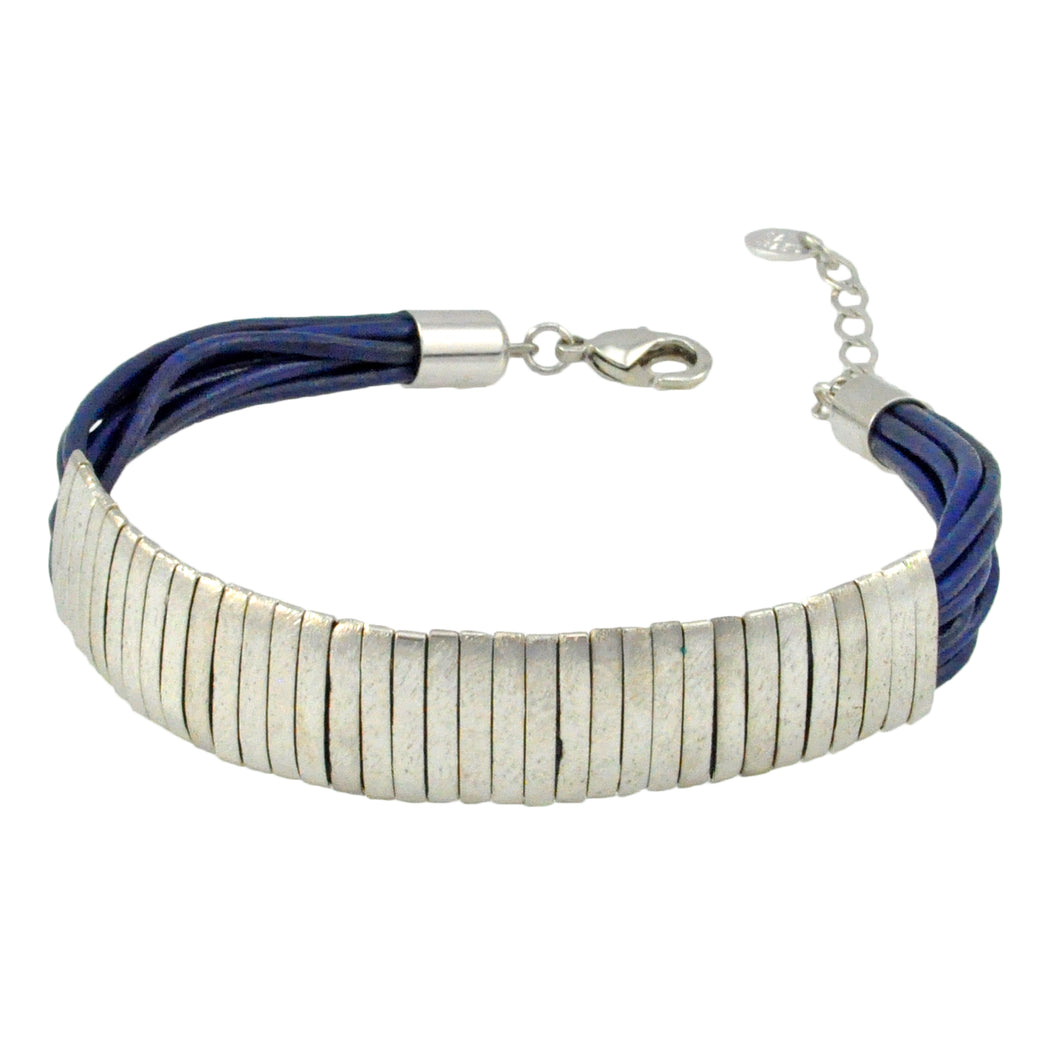 SB174RC Blue Leather Bracelet with Silver Bands