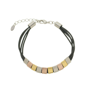 SB183B Black Leather Bracelet with Gold, Rose Gold and Silver