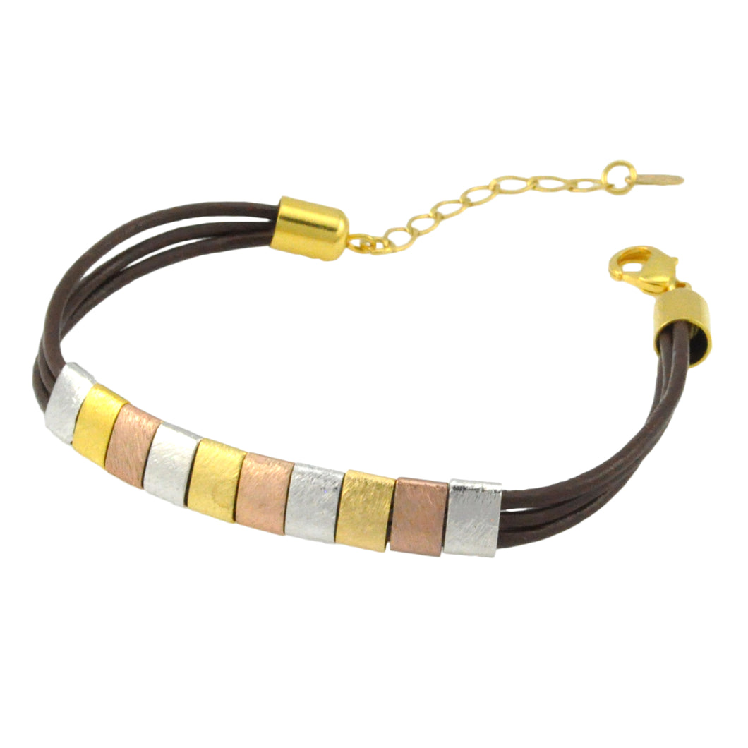 SB183C Brown Leather Bracelet with Gold, Rose Gold and Silver