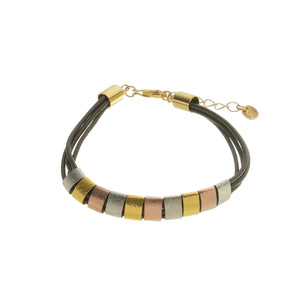 SB183C Brown Leather Bracelet with Gold, Rose Gold and Silver