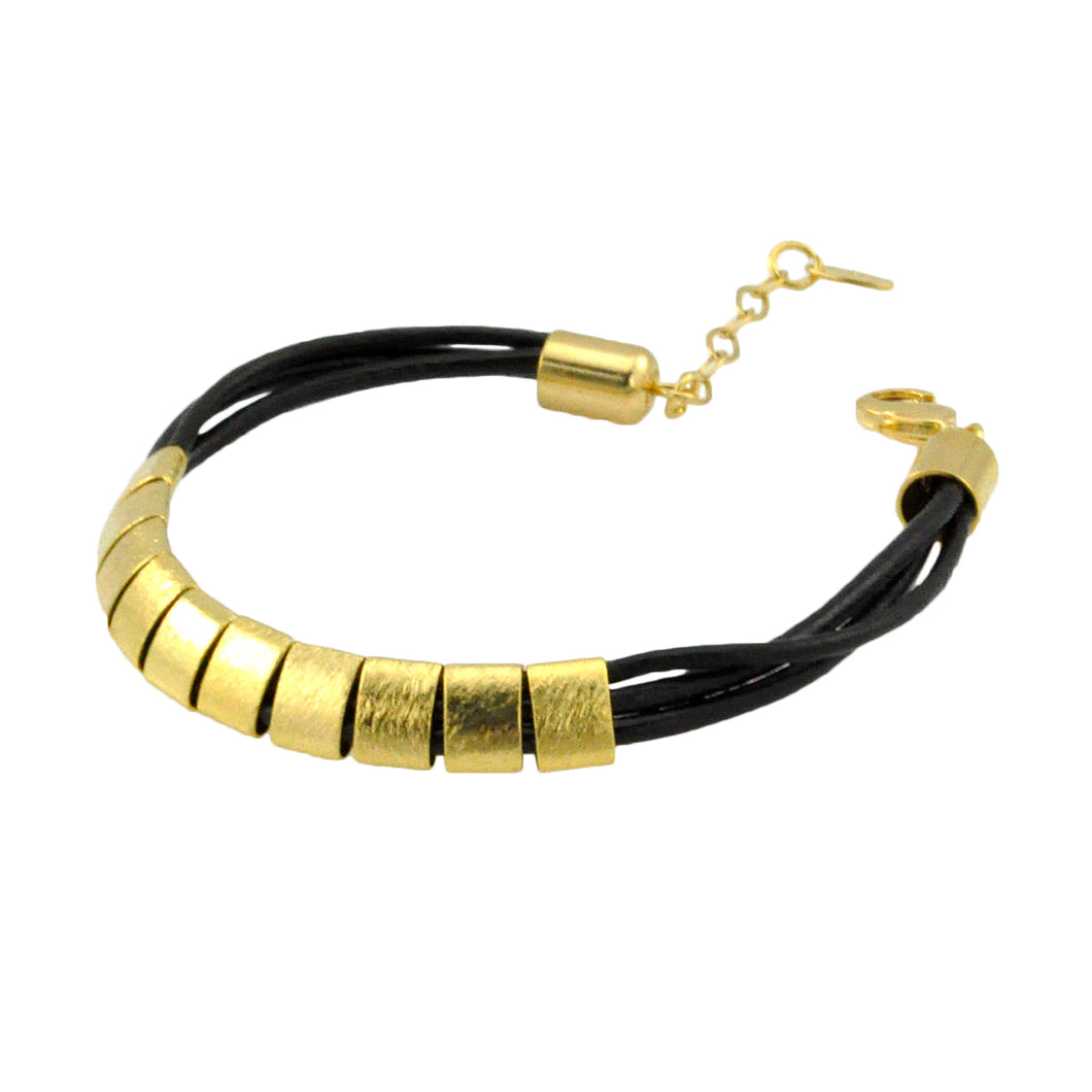 SB192B Black Leather Bracelet with 18k Gold