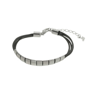 SB192RB Black Leather Bracelet with Silver Bands