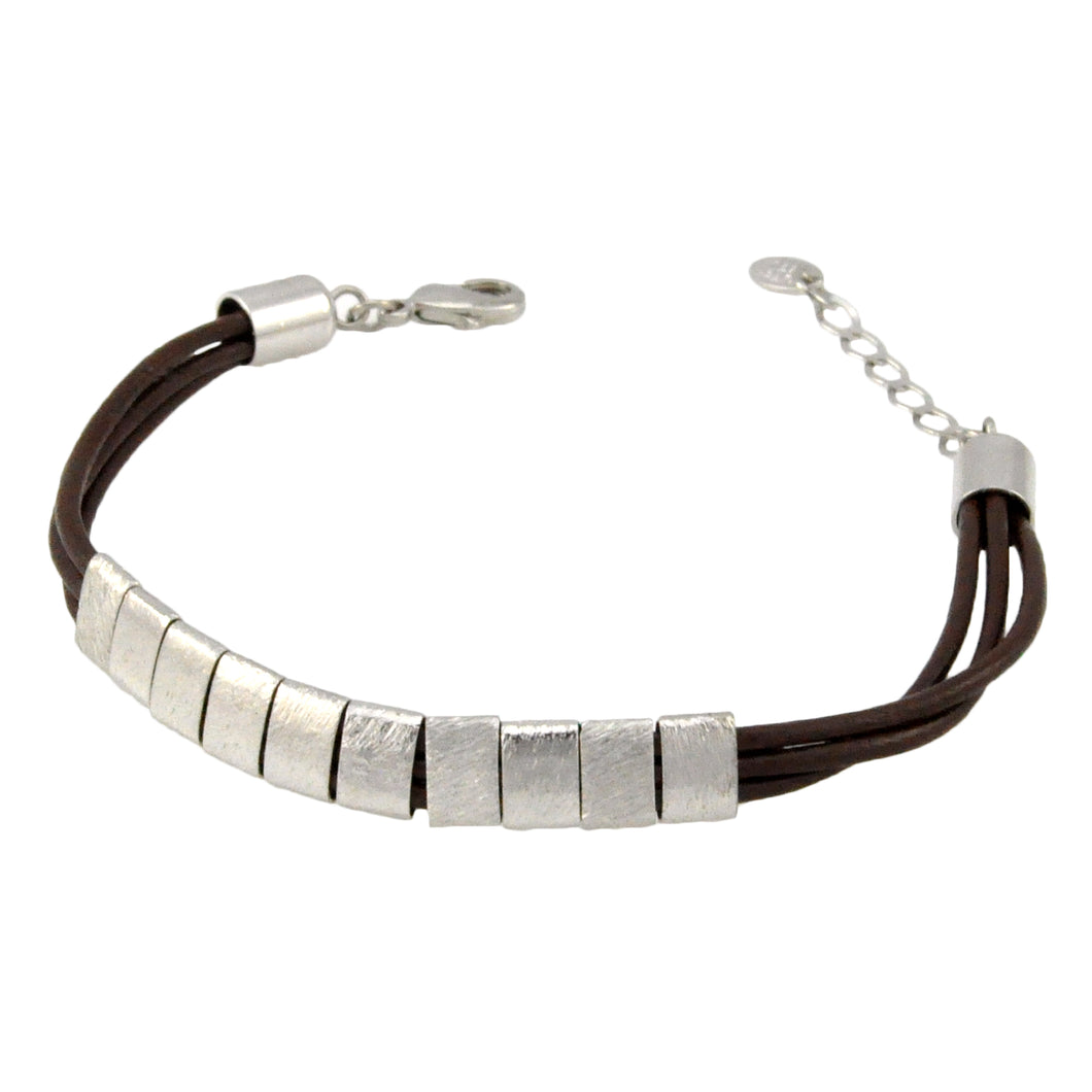 SB192RC Brown Leather Bracelet with Silver Bands