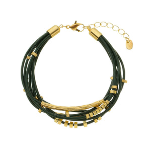 SB248GR Greeen leather Bracelet with 18K Gold Plated beads