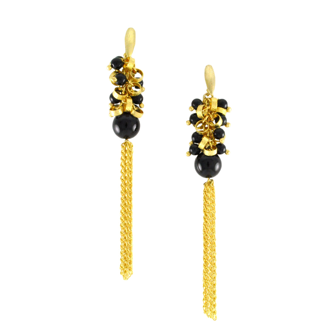 SE286ON 18k Gold Plated Tassel Earrings with Onyx