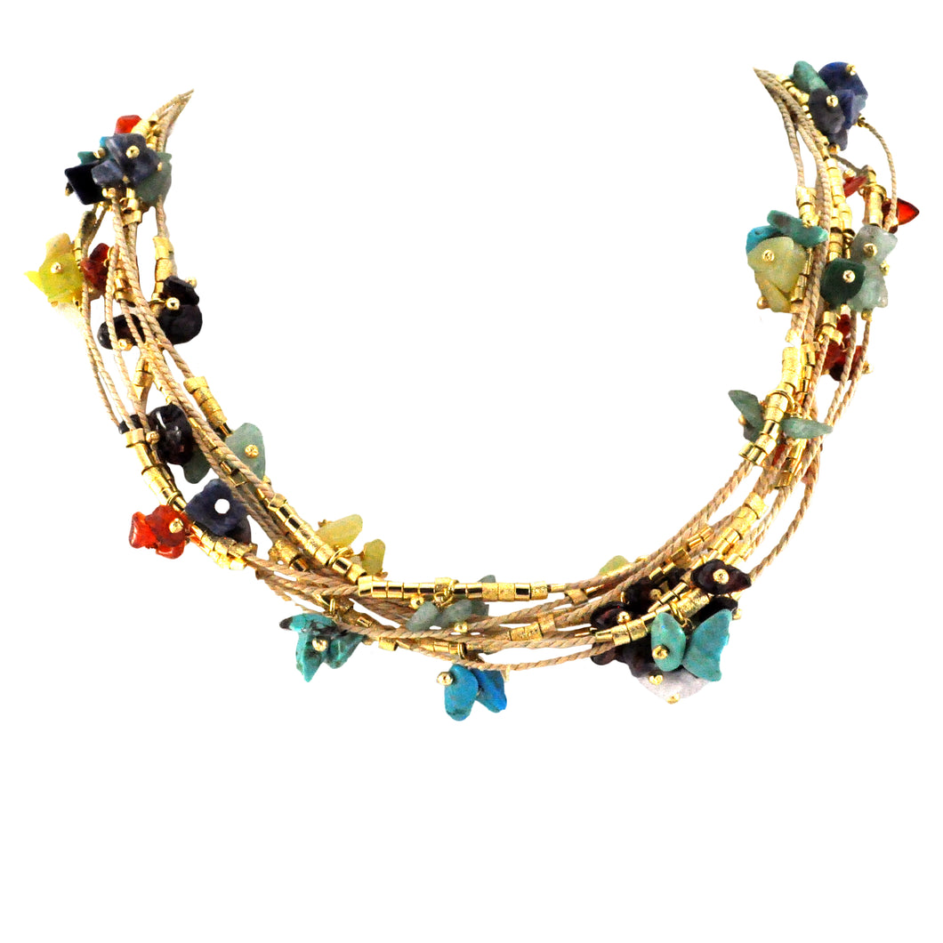 SN026MT Natural Fiber Necklace with Mixed Stones
