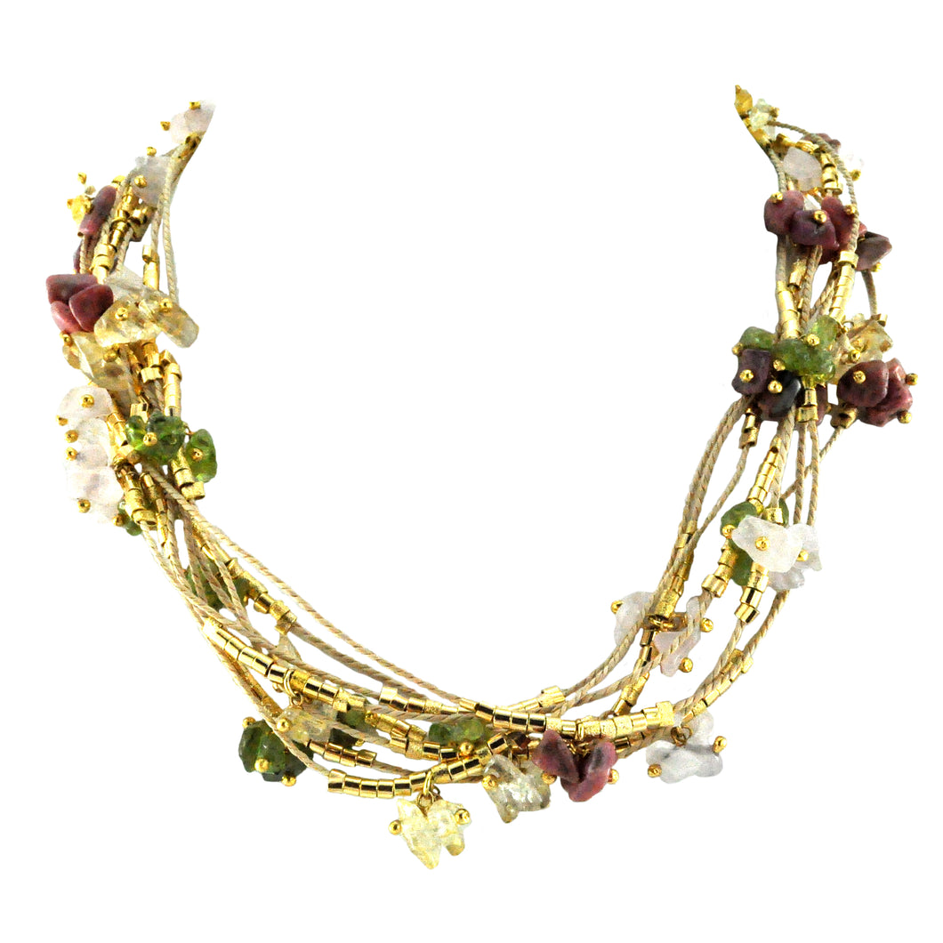 SN026PT Natural Fiber Necklace with Mixed Stones