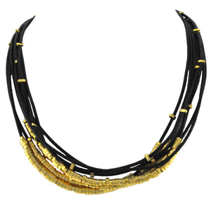 SN140B Black Leather Necklace with Gold