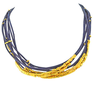 SN140C Blue Leather Necklace with Gold