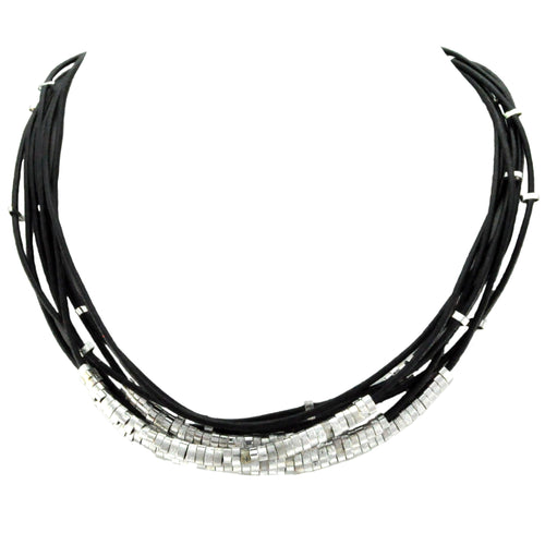 SN140RB Black Leather Necklace with Silver Plated Beads