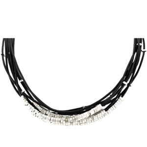 SN140RB Black Leather Necklace with Silver Plated Beads