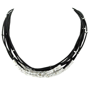 SN140RB Black Leather Necklace with Silver Plated Beads