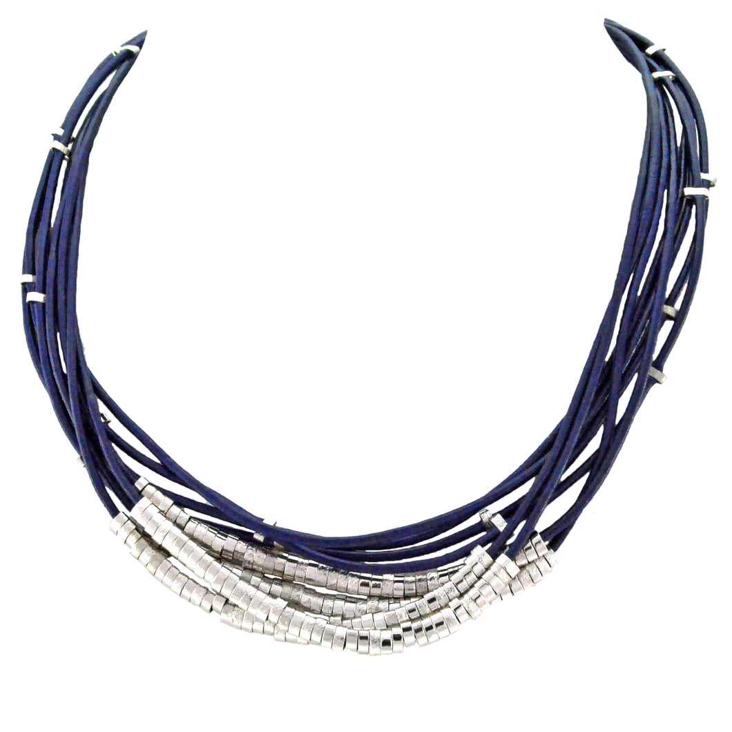 SN140RC Blue Leather Necklace with Silver