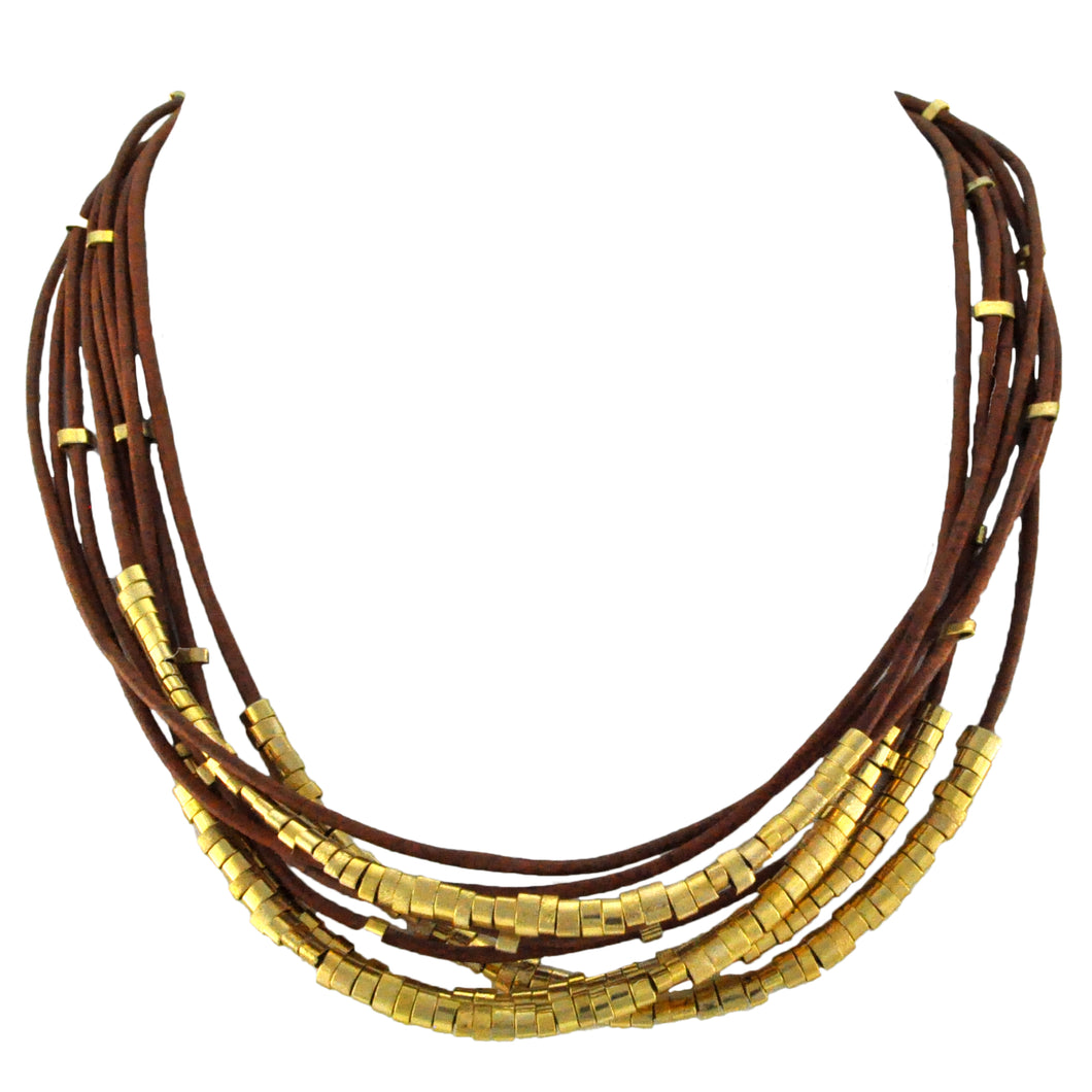 SN140 Natural color Leather Necklace with Gold