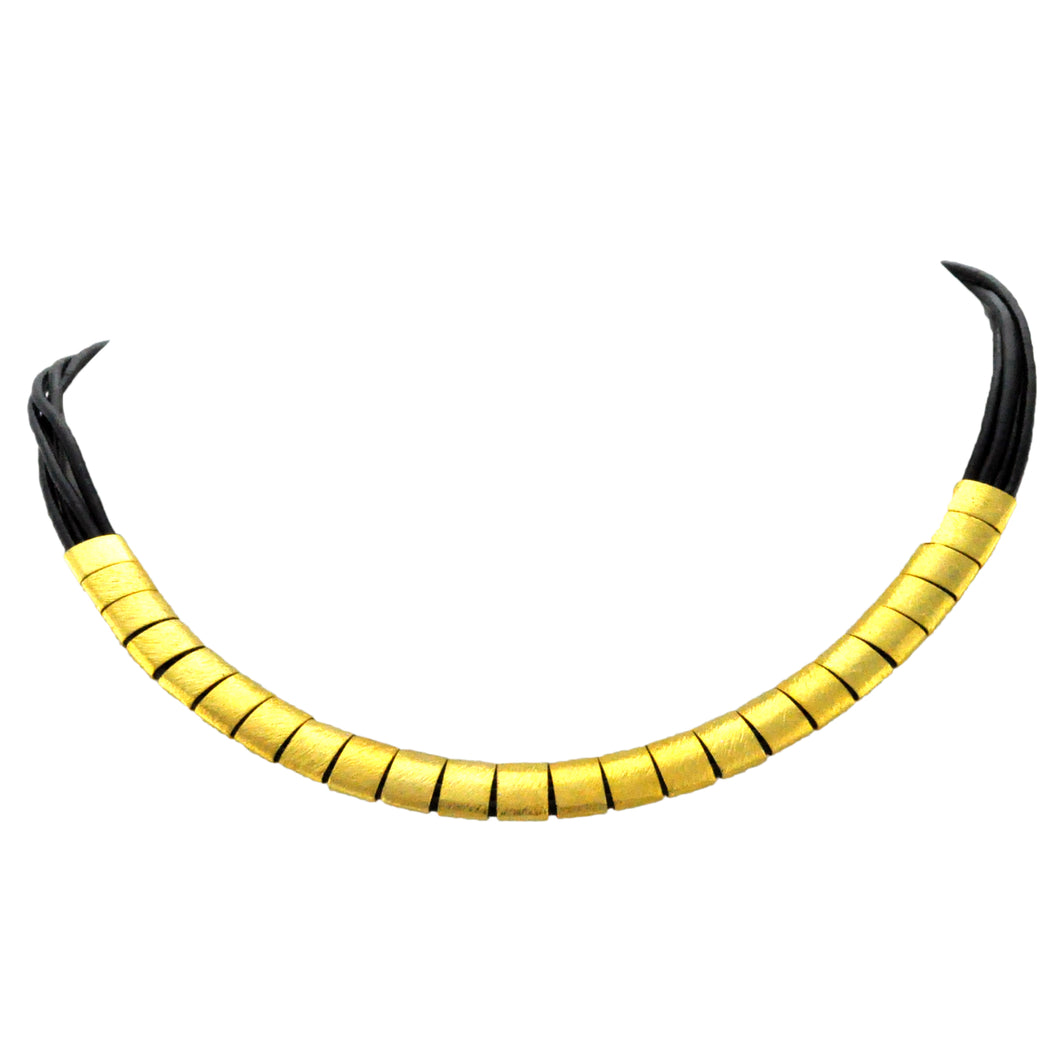 SN212A Black Leather Necklace with Gold Plated Rings