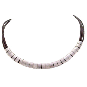 SN212RA Brown Leather Necklace with Rhodium Plated Bands