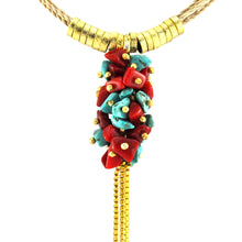 Load image into Gallery viewer, SN247TQCO Natural Fiber Necklace with Turquoise, Coral and Gold