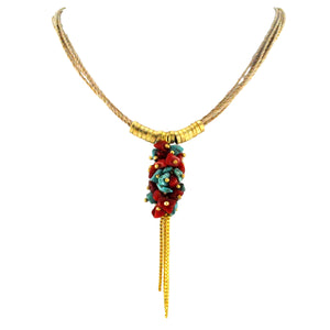 SN247TQCO Natural Fiber Necklace with Turquoise, Coral and Gold