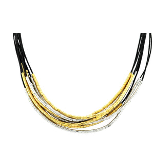 SN281MT Black Leather Necklace with Gold and Silver