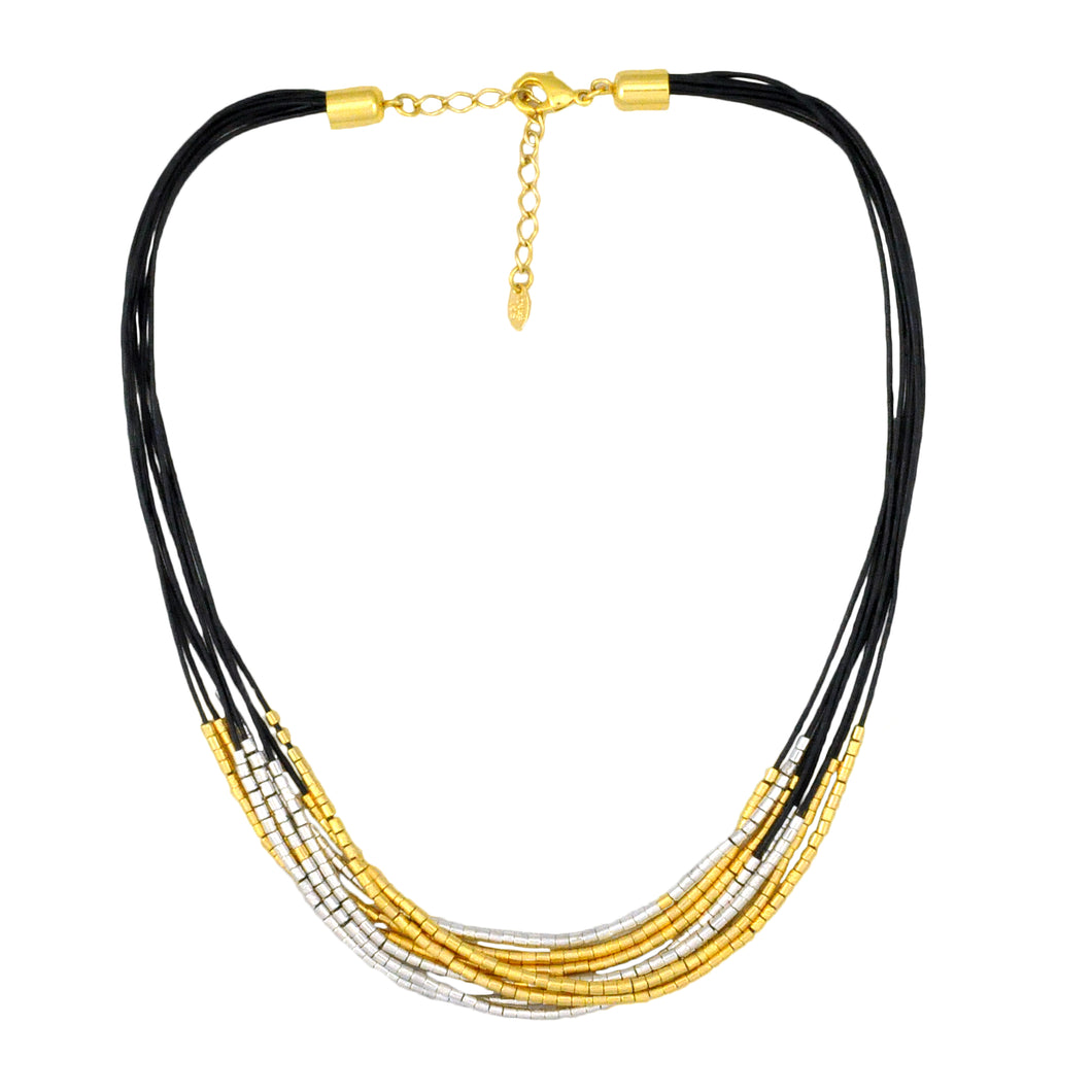 SN281MT Black Leather Necklace with Gold and Silver
