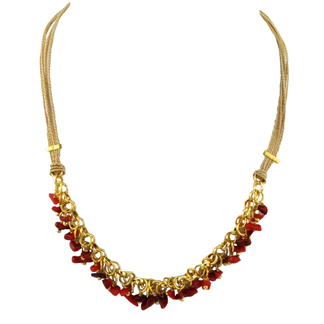 SN343CO Natural Fiber Necklace with red bamboo coral
