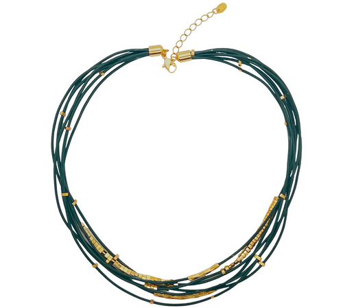 SN405GR Green leather cord Necklace with 18K Gold Plated findings
