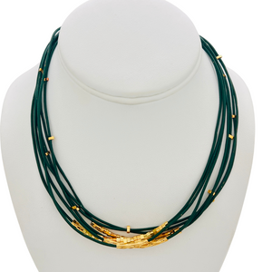 SN405GR Green leather cord Necklace with 18K Gold Plated findings