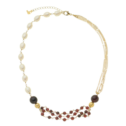 SN406FP Fresh Pearl and Garnet Stones Necklace with 18K Gold Plated chain