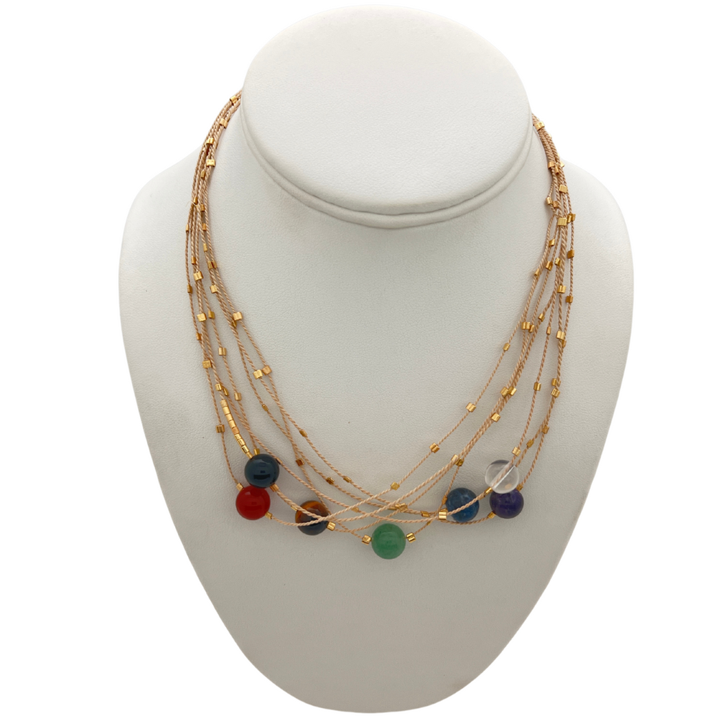 SN408 Natural Raffia Necklace with 7 Chakras Stones and 18K Gold Plated findings