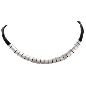 SN212RB Black Leather Necklace with Rhodium plated Bands